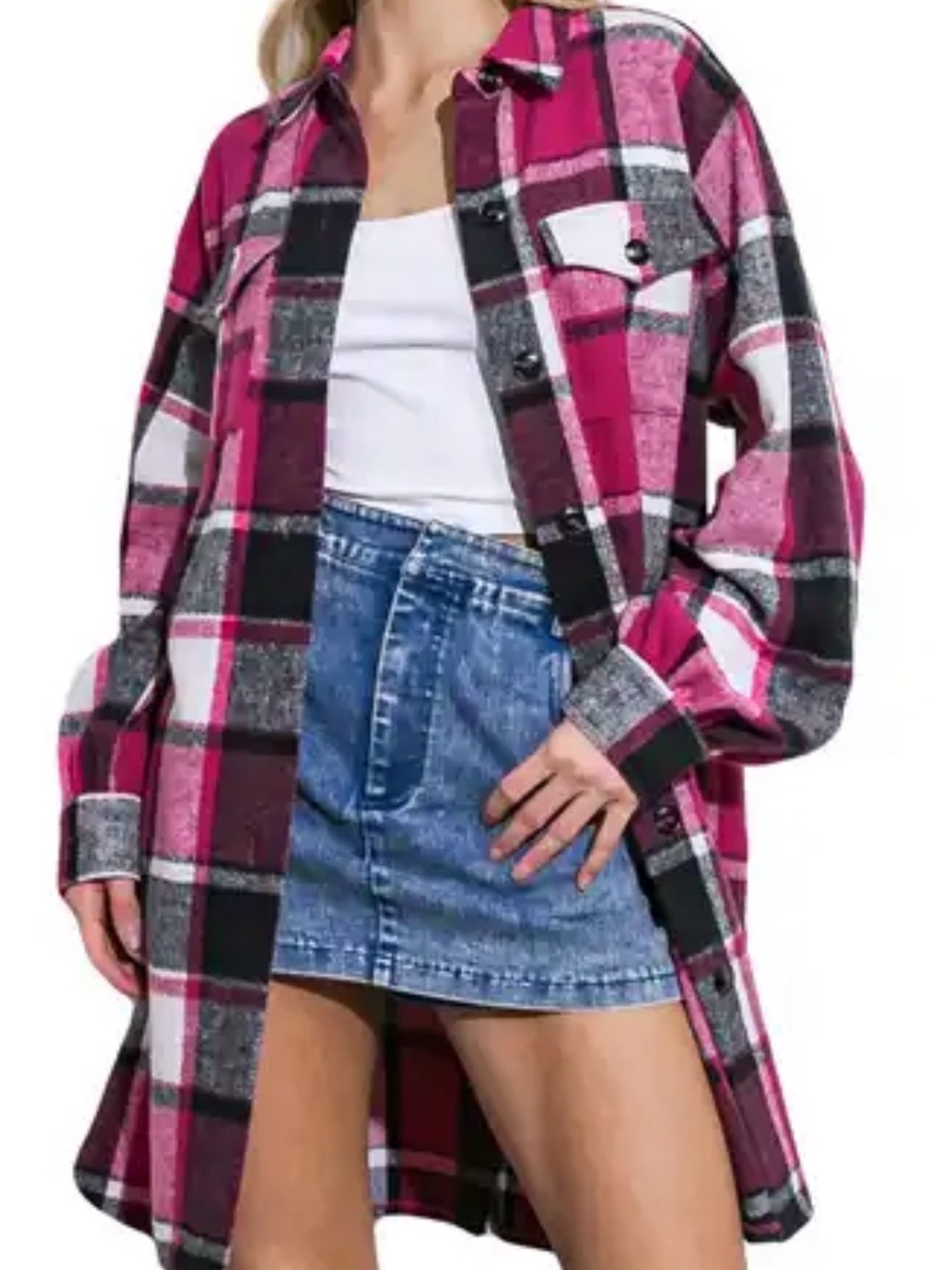 Bluivy Pink Black White Plaid Shirt Jacket
